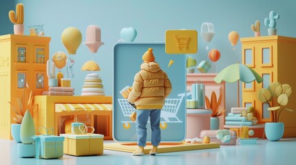 Wall Mural - E-commerce: A 3D vector illustration of a person browsing products on a tablet