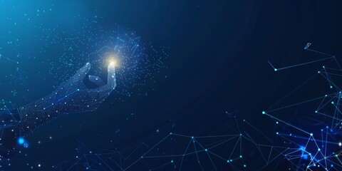 Poster - hand touching digital network with light effect on dark blue background, in the style of technology 