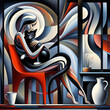 woman hugging a black cat, abstract art
