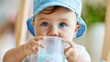 Baby in a Blue Hat Drinking From a Cup