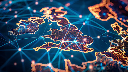 Wall Mural - Map of United Kingdom with networks. Global communications systems and communications satellites. Connection concept.	