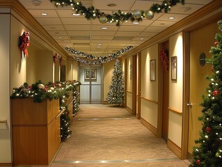 Wall Mural - A long hallway with a Christmas tree in the middle and a lot of decorations