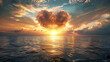 ocean landscape with the sun low in the horizon and a large cloud in the shape of a love heart in the sky
