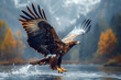 Eagle catches fish with its feet on the water. Animal theme backgrounds.