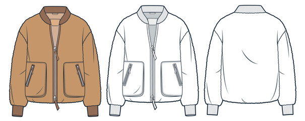 Wall Mural - Fur Bomber Jacket technical fashion Illustration. Teddy Fur Jacket fashion technical drawing template, front zipper, pocket, front and back view, white, camel brown, women, men, unisex CAD mockup set.