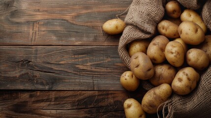 Wall Mural - A sack of potatoes on a wooden table