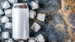 Chilled beverage can surrounded by ice cubes on textured stone surface