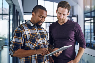 Poster - Business people, tablet and teamwork in office or workspace with digital software for IT startup. Worker, men or employee scroll, typing and check application for cloud computing service and update