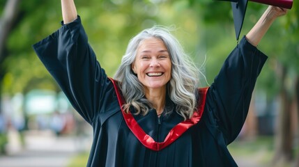 Happy grandmother with a graduation gown at her university graduation in high resolution and high quality. concept degrees, third age