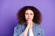 Photo of cool nice girl touch chin think wear denim shirt isolated on violet color background