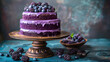 A decadent multi-tiered cake with purple frosting and an assortment of berries on a vintage stand against a textured backdrop, perfect for celebrations