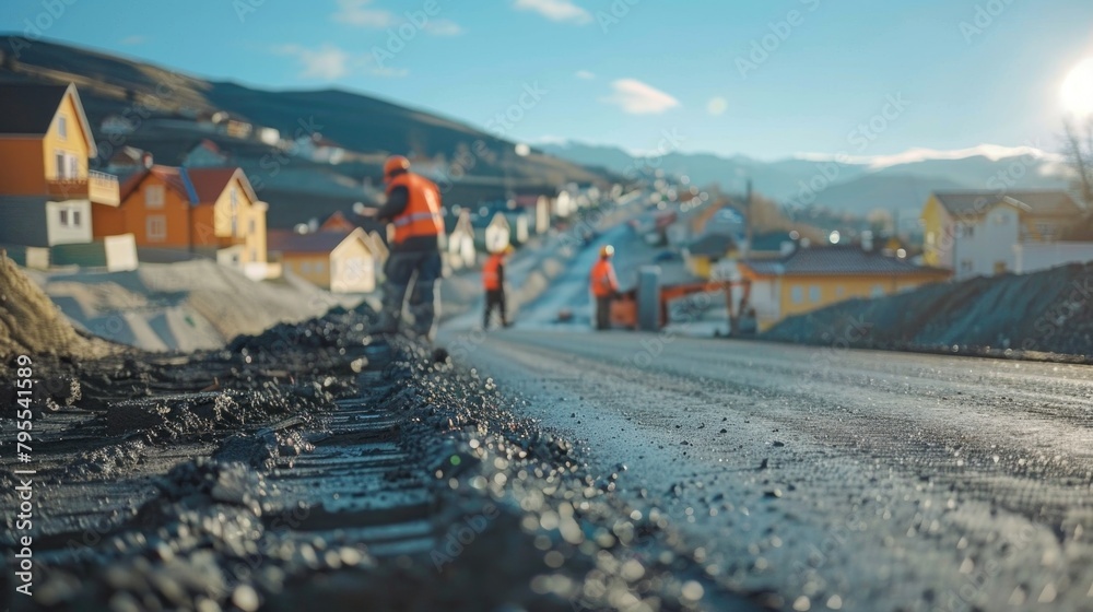 Road construction workers are carrying out the process of road leveling ...