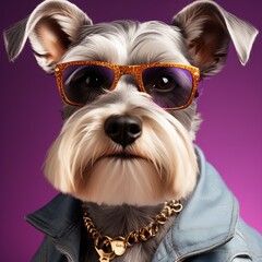 Poster - cute dog dressed as a hipster in sunglasses and jacket, with dog.