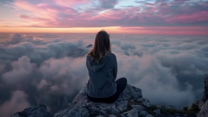 Sticker - A woman sits on a rock overlooking a beautiful mountain range