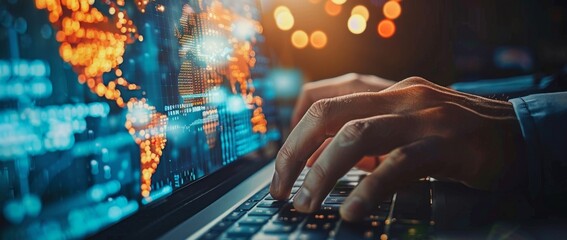 Poster - businessman hand using laptop and touching digital screen with global map, data science concept back