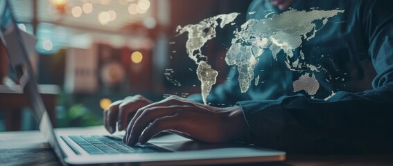 Poster - businessman using laptop and touch screen, digital world map background with global network connecti