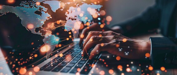 Poster - digital business background with a businessman's hand on a laptop and world map, data visualization 