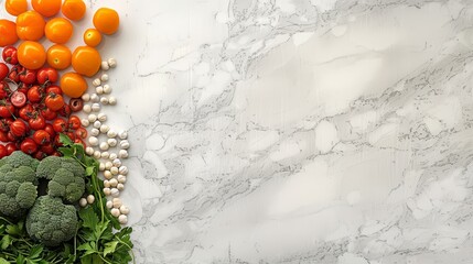 Poster -   Tomatoes, broccoli, and other vegetables are arranged on a pristine white marble surface against a matching marble backdrop