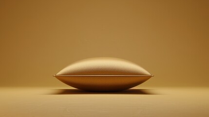   A gold plate atop a brown table, near a brown wall, with another brown wall behind it