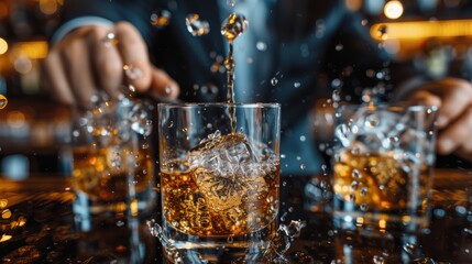 Sticker -   A tight shot of someone pouring a drink over ice cubes into a glass on a bar table