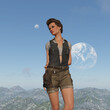 Illustration of an outdoorsy woman with short hair standing in the foreground with dual moons in the background.