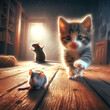 A small kitten is chasing a mouse in the room