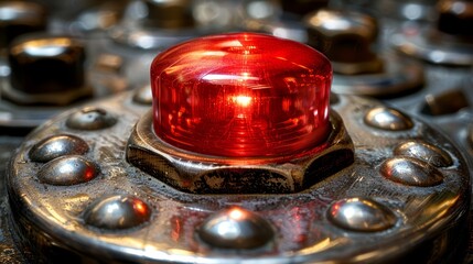 Canvas Print -   A close-up of a red light atop metal with visible rivets