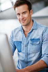 Poster - Portrait, creative and business man in office startup, company or workplace for career in Switzerland. Professional, entrepreneur and face of confident employee, worker or editor on computer at job