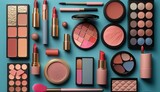 Fototapeta Uliczki - The image contains various makeup products laid out on a brown surface including eyeshadow palettes, lipstick, blush, eyeliner, mascara, and makeup brushes.

