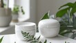   Two white bowls atop a white table Nearby, a potted plant sits atop the same table