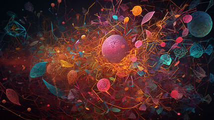 Poster - Abstract scientific concept with connected cells and particles. Science microscopic background.