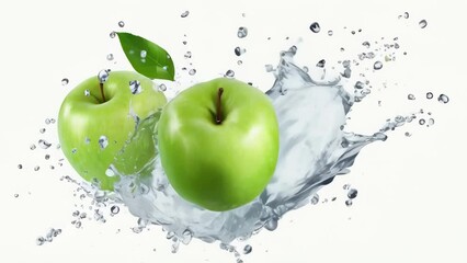 Wall Mural - Two green apples are floating in a splash of water