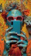 Vivid Self-Portrait: Young Man Covered in Colorful Paint Taking a Photo with His Smartphone, Curious Cat Peeking Over His Shoulder