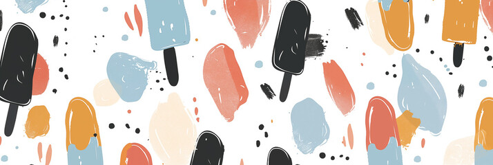 Wall Mural - Colorful abstract pattern with ice cream and paint splashes on white background banner. Panoramic web header. Wide screen wallpaper