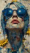 Artistic Portrait of a Woman with Paint Splatter and Blue Sunglasses Evoking a Sense of Creative Melancholy