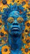 Blue Painted Individual with Reflective Sunglasses Against a Sunflower Background: A Vivid Artistic Statement