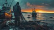 Fisherman at Work During Sunset: Trawling Nets Amidst the Glow of Dusk on a Rocky Shoreline