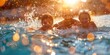 Sunset Swim Glee: Children Playing in the Sparkling Pool Waters as Evening Sun Casts a Golden Glow
