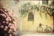 Idyllic Vintage Bicycle Scene with Overflowing Pink Blossoms on a Charming Old Street