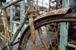 Close-Up of a Weathered Vintage Bicycle with Peeling Paint and Rusty Frame Against an Urban Backdrop