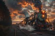 Historic Steam Locomotive Chugging Along Tracks at Sunset with Dramatic Cloudy Sky