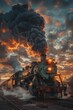 Dramatic Sunset Sky as Backdrop to a Puffing Vintage Steam Train on a Historic Railroad