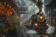 Vintage Steam Locomotive Approaching Through an Urban Alley Decorated with Fairy Lights at Twilight