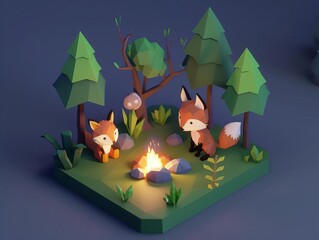 A low poly forest scene with two foxes sitting by a campfire.