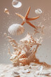 Floating seashell and starfish with sand particles levitation in air on beige background