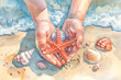 Hands holding starfish on sandy beach with shells and sea in background, watercolor illustration