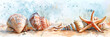 Colorful seashell and starfish on sandy beach, watercolor illustration banner. Panoramic web header. Wide screen wallpaper