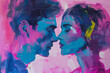 Abstract creative painting of beautiful couple, woman and man on pink background, modern art