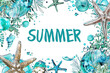 Word 'Summer' surrounded by starfish, seashells, and tropical leaves on white background. Colorful illustration