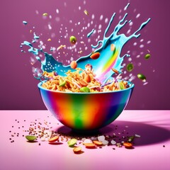 Canvas Print - colorful bowl of pasta with flying splash and water on blue background